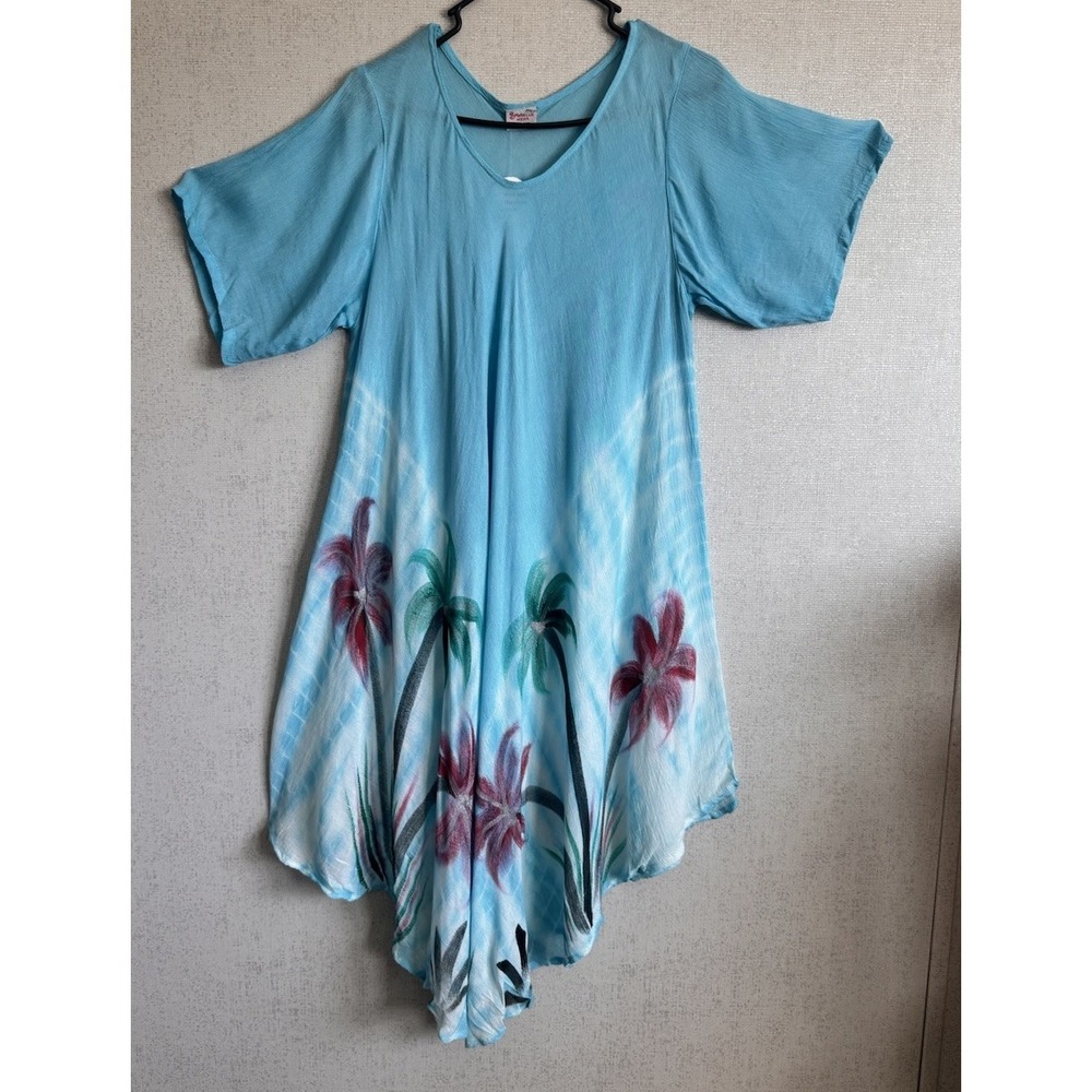2 Tropical Floral Hem Tunic Dresses Flutter Sleeve Coastal Cover Ups Turquoise
